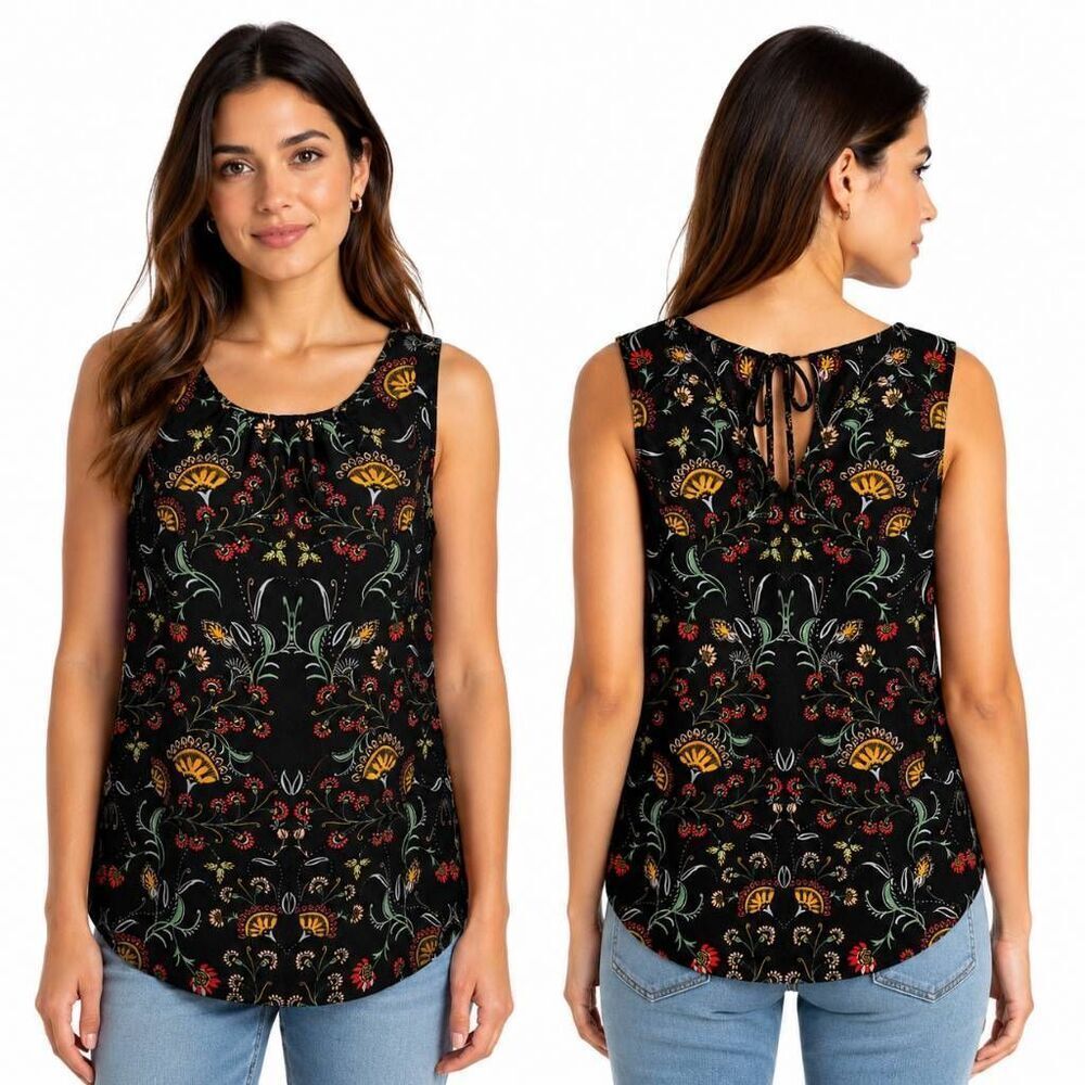 Cabi Floral Sleeveless Blouse Small Black Boho Top